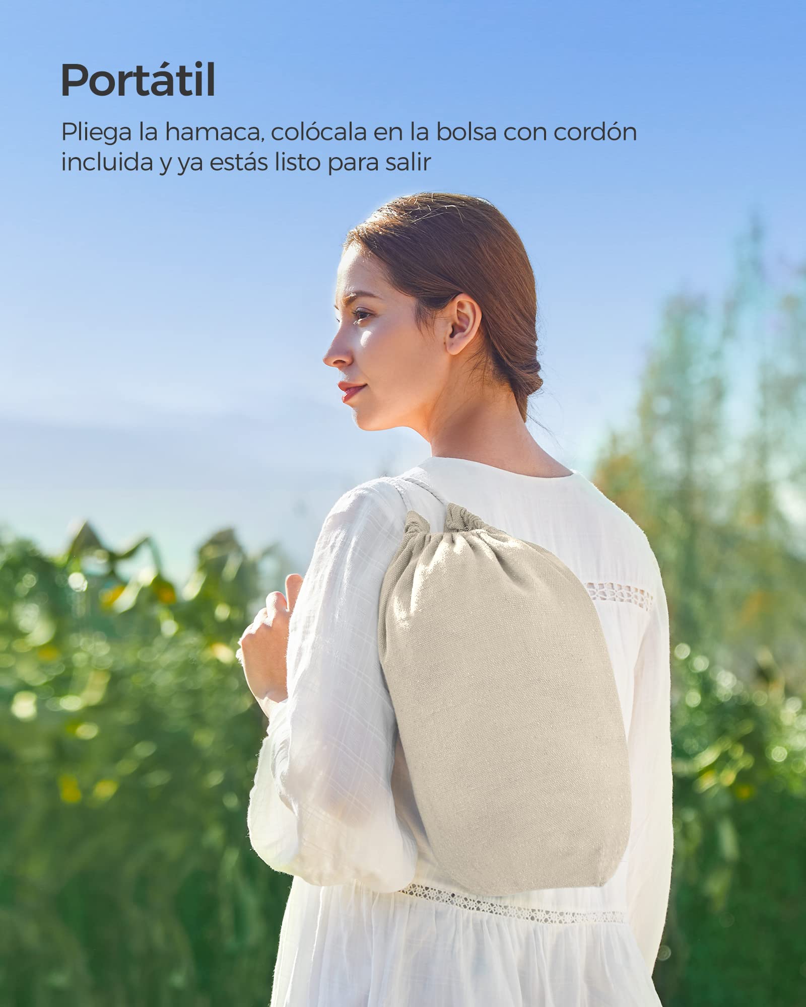 SONGMICS Hamaca, 210 x 150 cm, Hamaca Doble, Carga de 300 kg, para Jardín, Terraza, Balcón, al Aire Libre, Camping, Bolsa de Transporte, Correas de Fijación y Mosquetones, Beige GDC15M