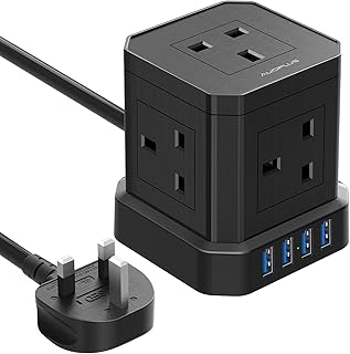 Cube Extension Lead with USB Slots, AUOPLUS 5 Way Power Strip with 4 USB Ports(5V/3.1A), 3250W/13A Black Multi Plug Power Extension Socket,1.5M Extension Cable Cords for Desk Home Office Travel