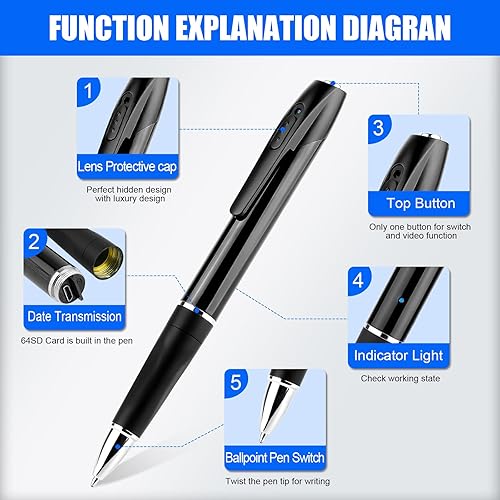 Miniatura 3 de Mini bolígrafo de cámara espía 1080P Full HD grabadora de video con tarjeta de 64 GB, carga USB, cámara de vigilancia de seguridad