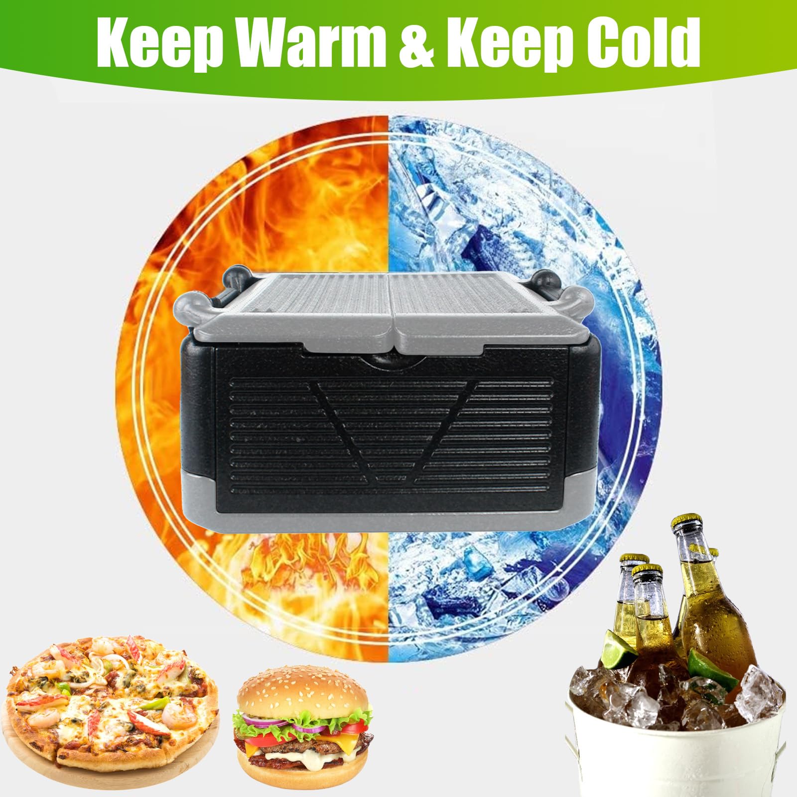 Contenitore termico pieghevole, 26 l, polistirolo, 43 x 43 x 25 cm, coperchio integrato, multifunzione, campeggio, picnic, alimenti (nero e grigio)