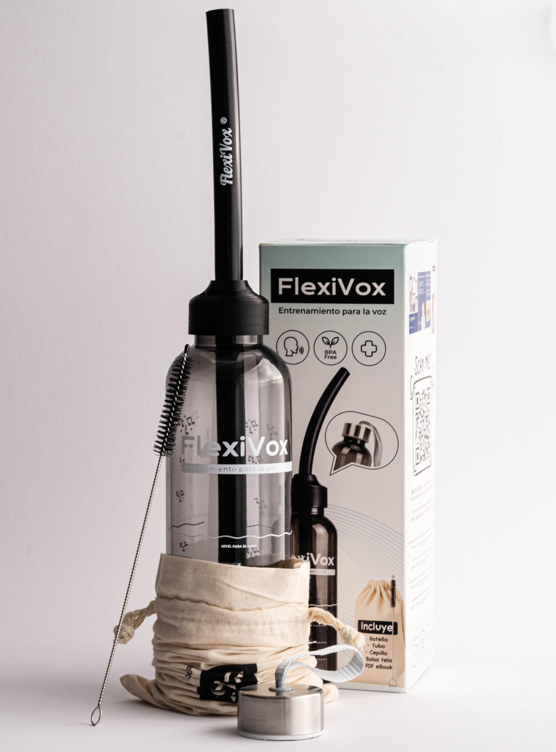 FlexiVox® compatibile con Metodo Lax Vox | Ideale per Allenamento Vocale SOVT | Cantanti, Logopedia e Terapia della Voce | Kit: Tubo, Bottiglia Graduata, Spazzola, Borsa ed eBook (Nero)