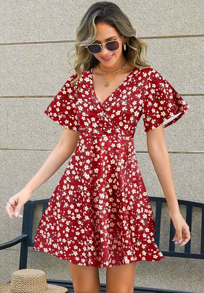 ETCYY NEW Womens Summer Dresses Slant Open V Neck Floral Printed Sundresses Flowy Dress Short Sleeve - Image 3