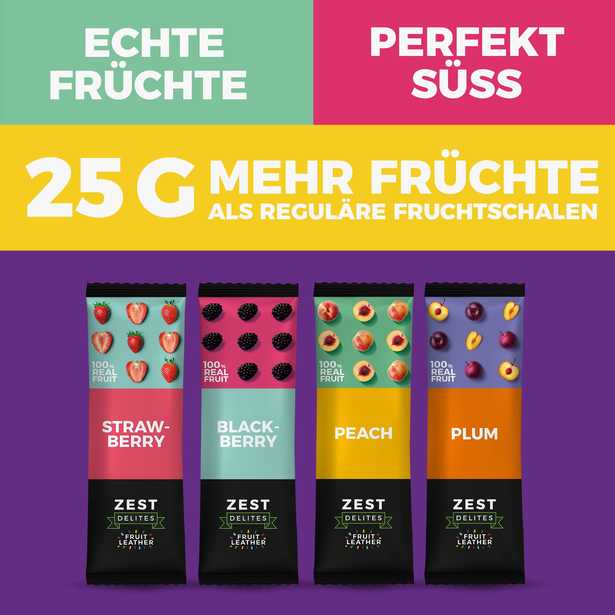 Zest Delites Fruchtriegel Süßigkeiten, Glutenfreie Lebensmittel, Zuckerfreie Süssigkeiten, Getrocknete Früchte, Gesunde Snacks, 25 g Packung mit 36 Stück Erdbeere, Brombeere, Aprikose, Pflaume