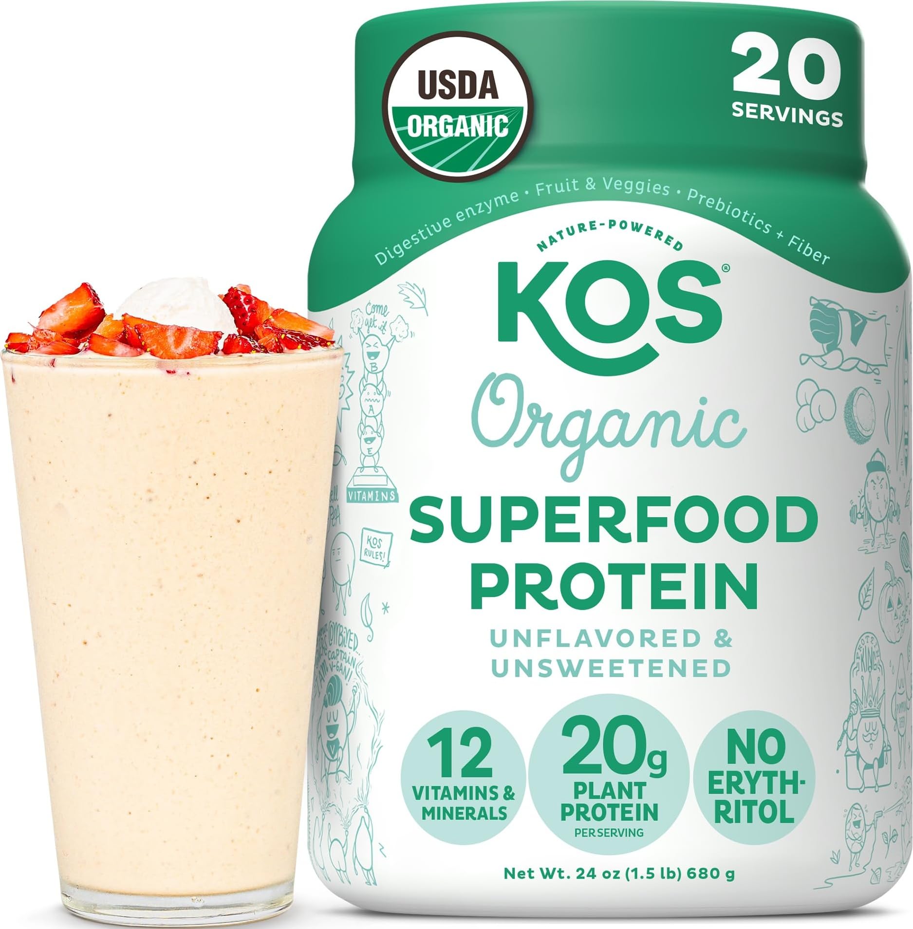 KOS Vegan Protein Powder, Unflavored & Unsweetened - Low Carb Pea Protein Blend