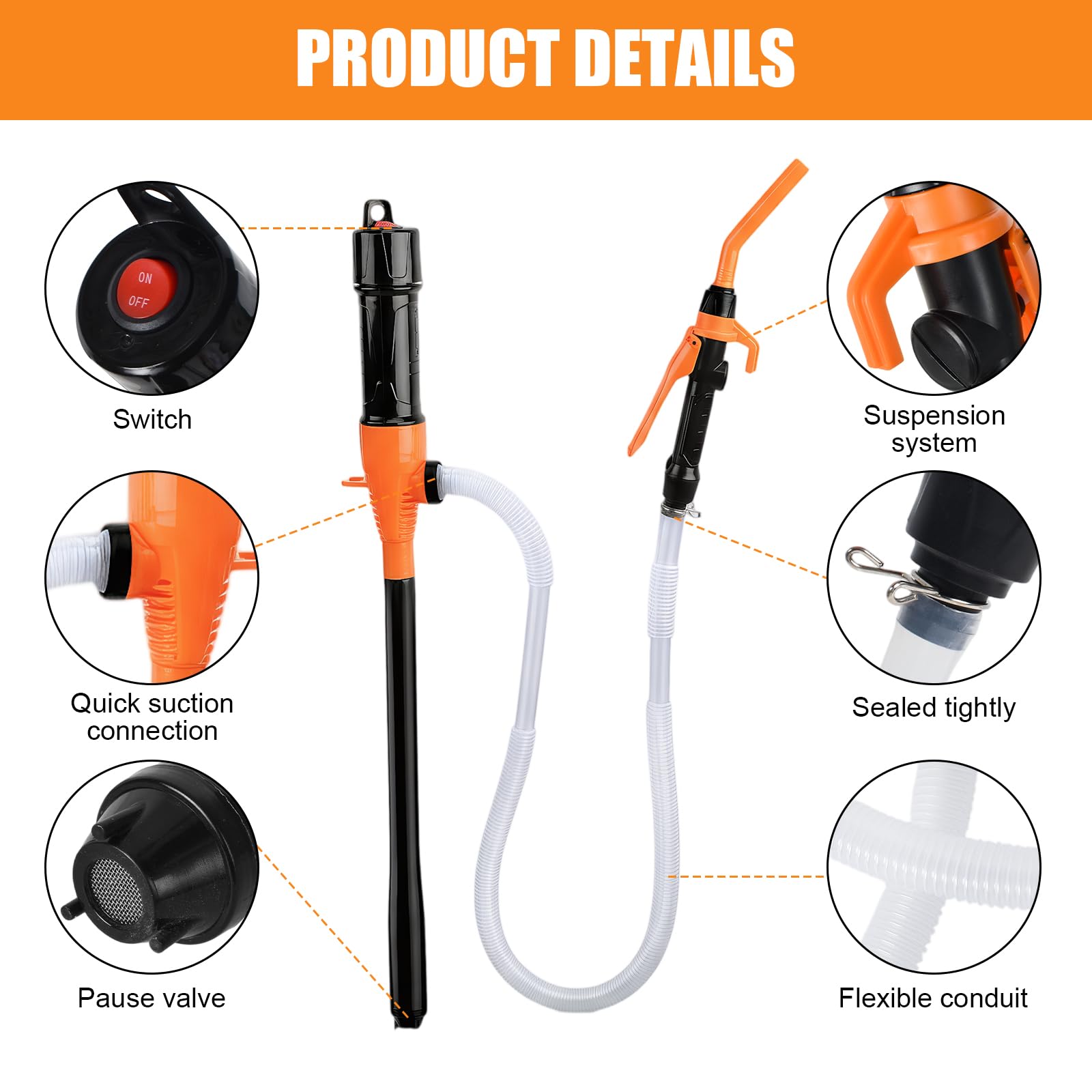 Pompe de Transfert Électrique sur Batterie, Pompe à Carburant, Pomp Siphon Portable pour Liquides, Pompes à Gasoil avec Tuyau, 3,5 GPM pour Essence, Diesel (Orange)