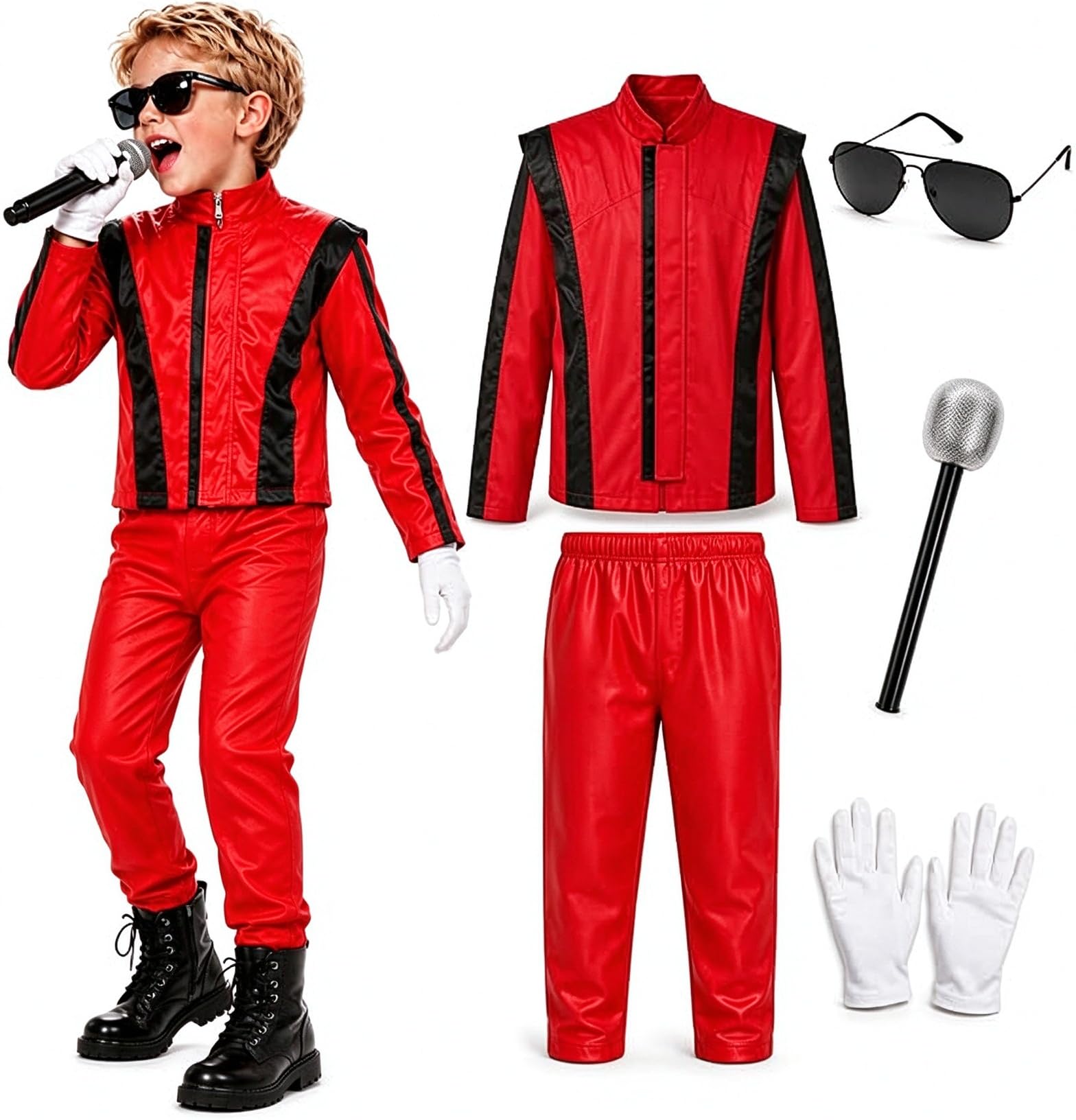 Kids King of Pop Musician Red Costume for Boys 5-Piece Set Red Jacket Striped Pants with Hat Sunglasses Gloves 80s Music Icon for Halloween Cosplay Party Stage Performance and Fancy Outfits,3-12Y โ image 1