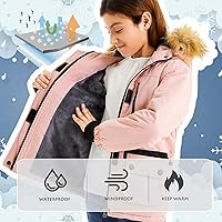 Vista 4 de FARVALUE Chaqueta de esquí impermeable para niñas, abrigo de invierno resistente al viento, abrigo de forro polar cálido para nieve, impermeables