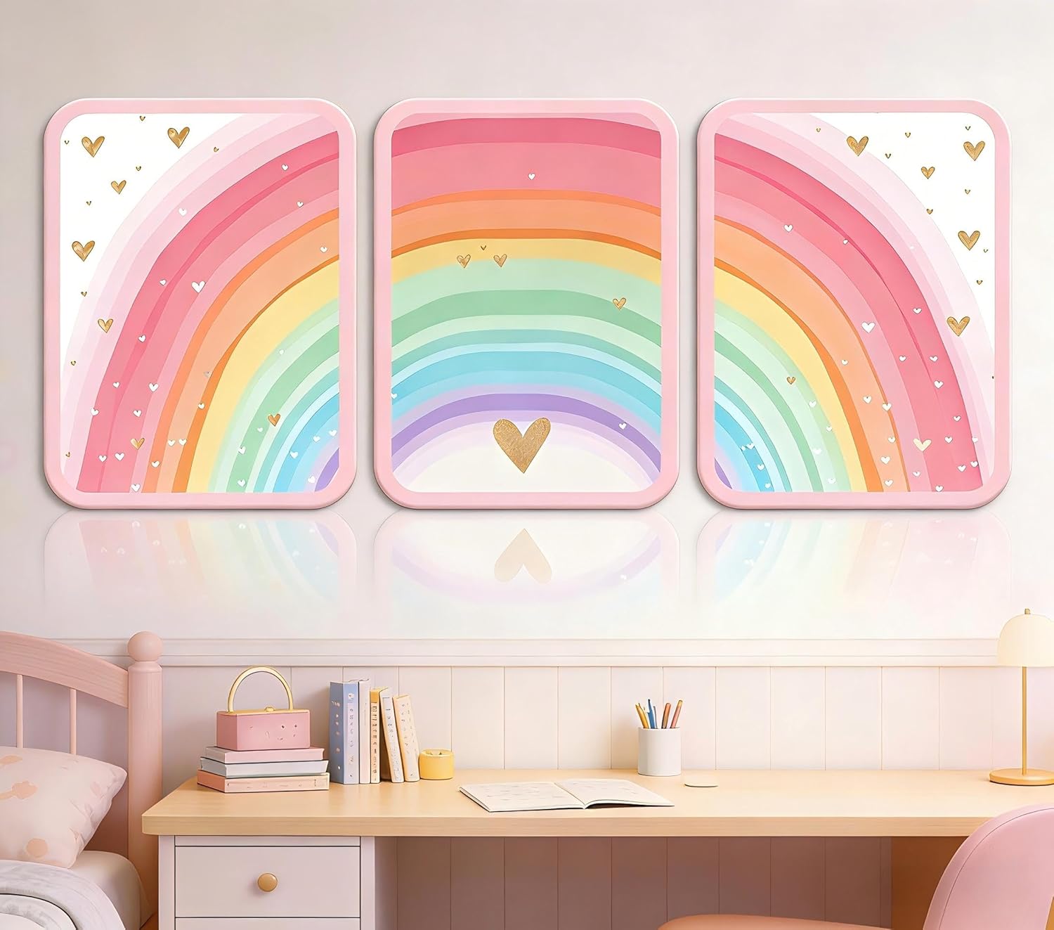 Girls Rainbow Wall Art Set of 3, Colorful Nursery Wall Decor Painting, Kids Heart Picture Poster Prints for Classroom Kids Room Baby Room Bedroom Dorm Home Decoration 16x24in Unframed