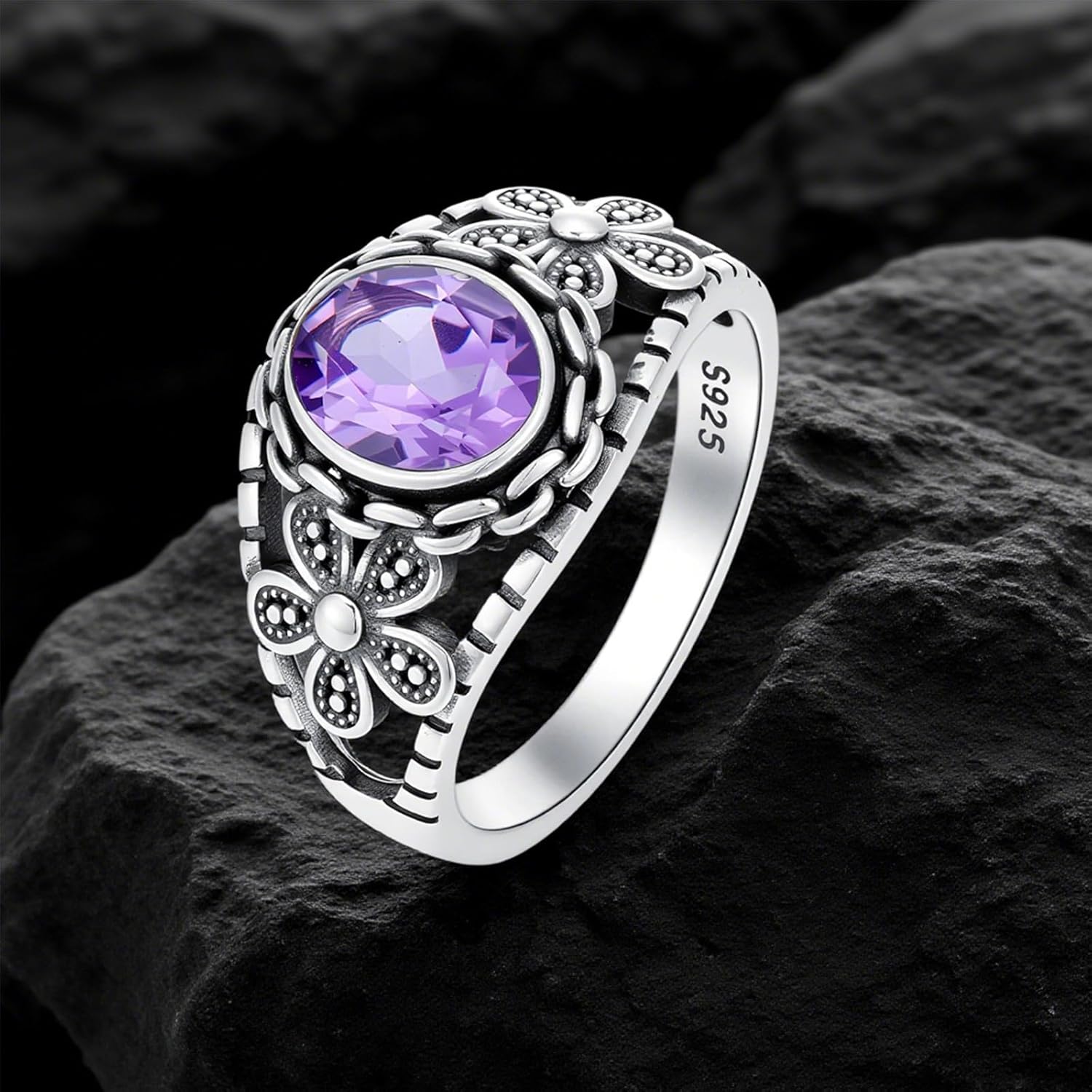 Natural Amethyst Rings for Women S925 Sterling Silver Round Purple Healing Crystal Gemstone Birthstone Statement Ring Jewelry for Mom Girlfriend in Size