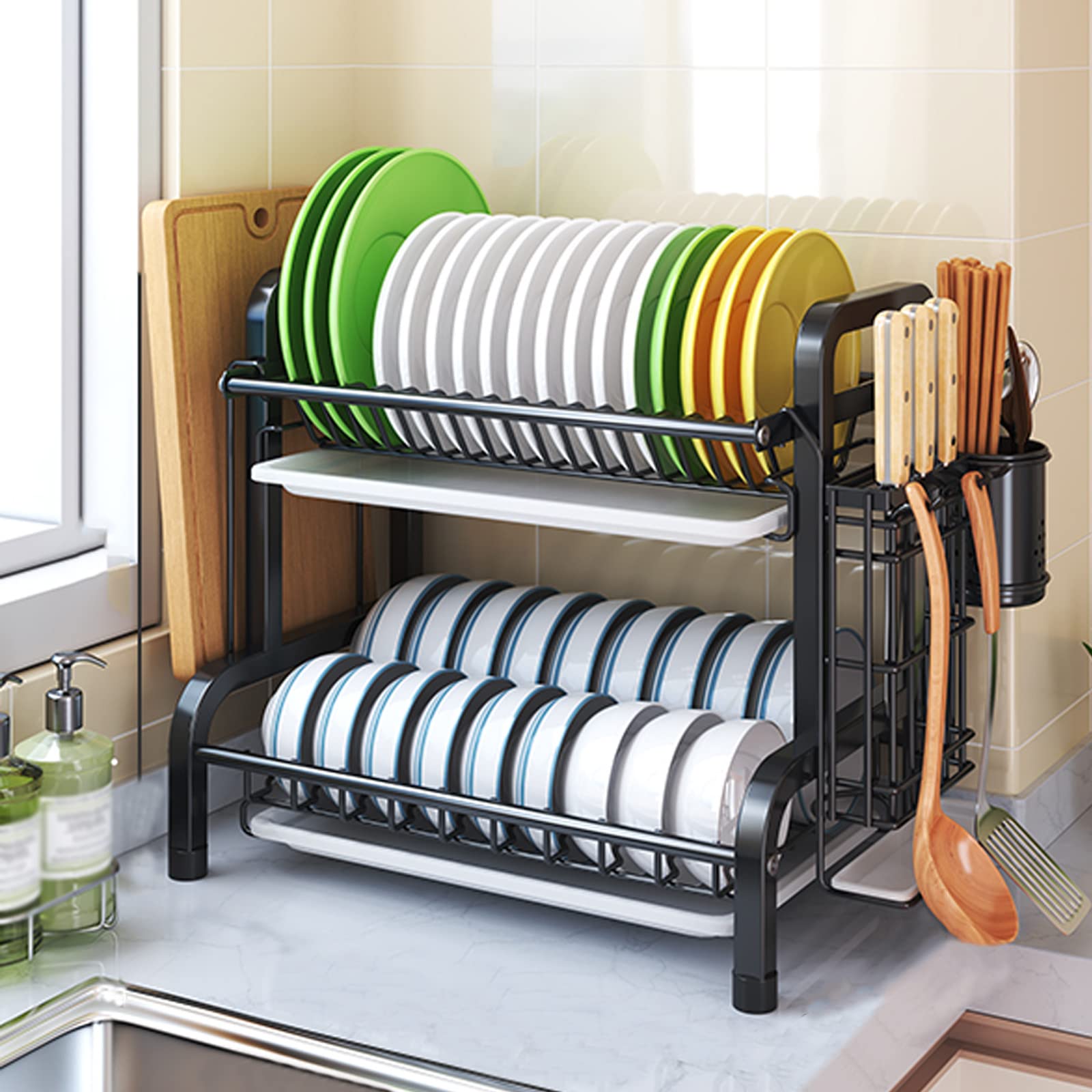 SaryEdge Dish Drainers Dish Rack,304 Stainless Steel Dish Drying Rack With Drain Board,Utensil Holder,Cutting Board Holder,Rustproof Dish Drainer For Kitchen Countertop,For Plat,2 layer 42.5x39cm