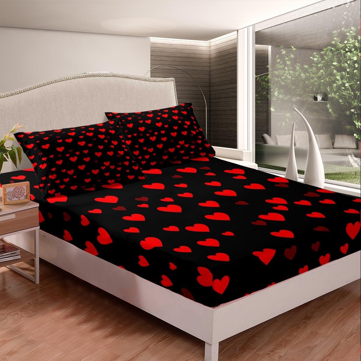 Feelyou Kids Red Love Heart Pattern Fitted Sheet Queen Size Heart Pattern Bed Sheet Set Boys Girls Black Red Bedding Set Valentine's Day Bed Cover Deep Pocket