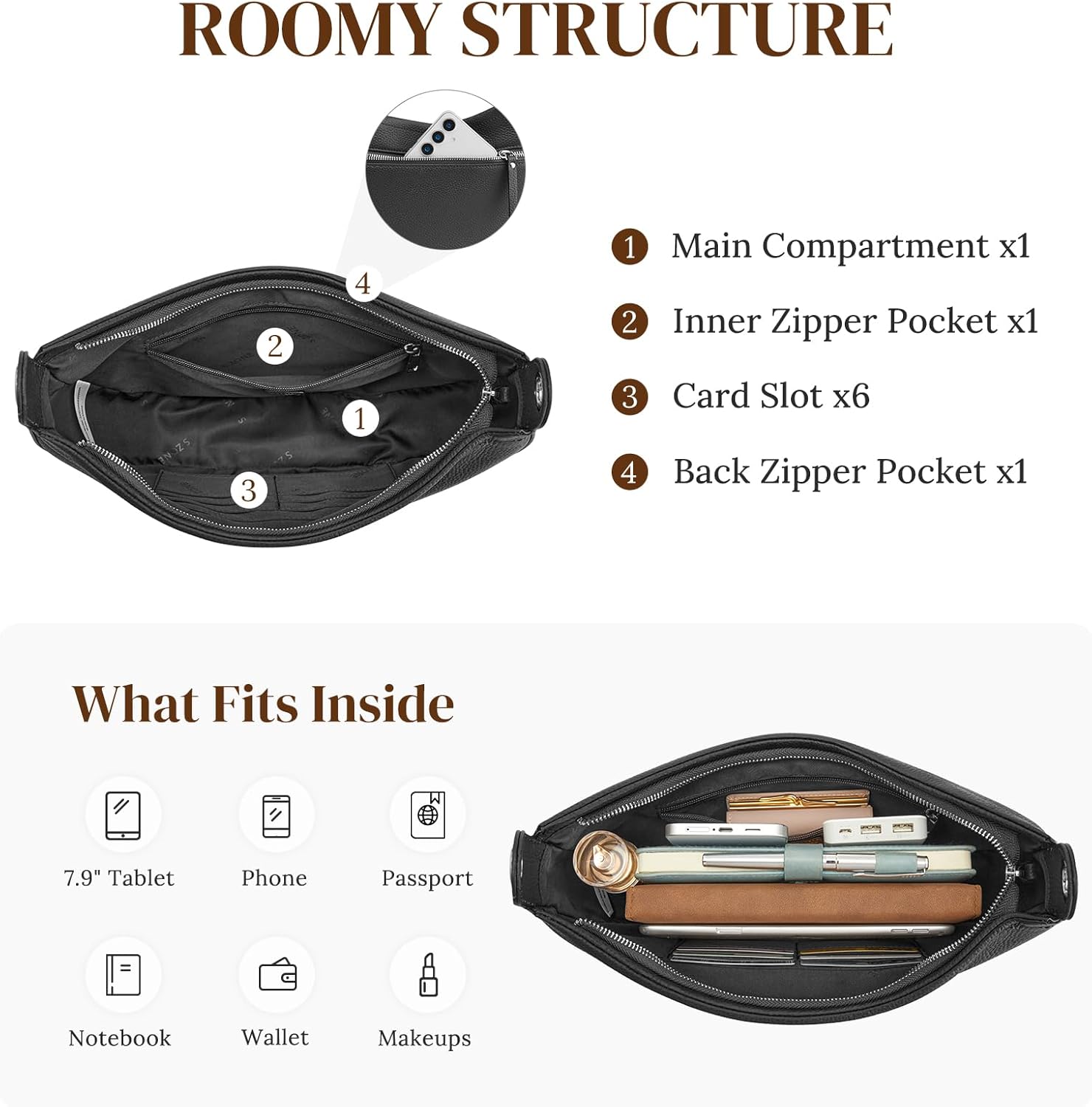 S-ZONE Leather Shoulder Bags for Women Soft Crossbody Bags Classic Crescent Purse Handbags with 2 Shoulder Straps - Image 5