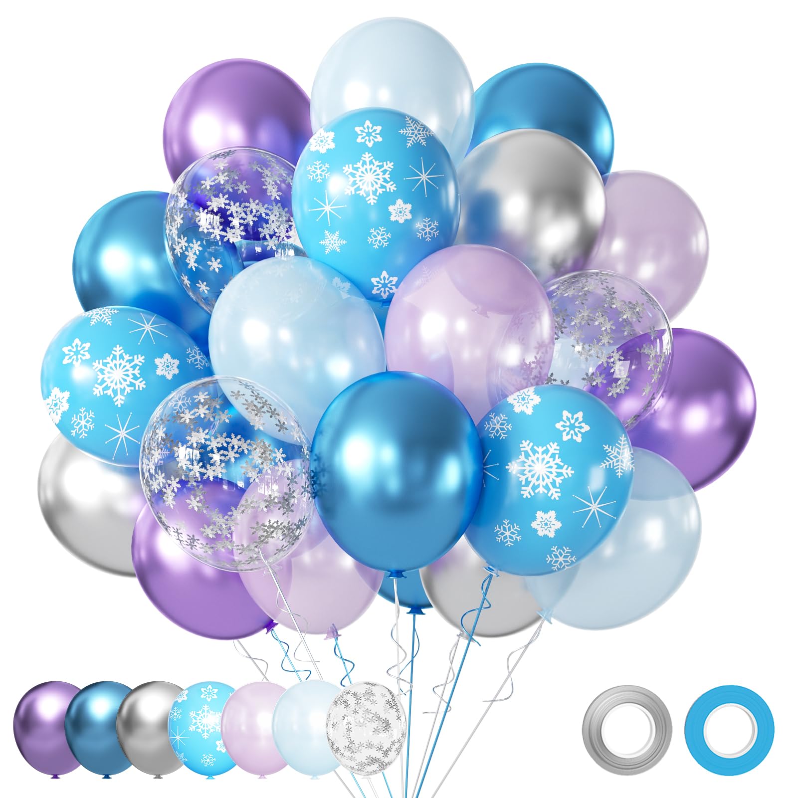 Purple and Blue Party Balloons Kit, 50pcs Blue Silver Purple Balloons 12 Inch Snow Balloons for Theme Party Supplies Ice Snow Theme Winter Party