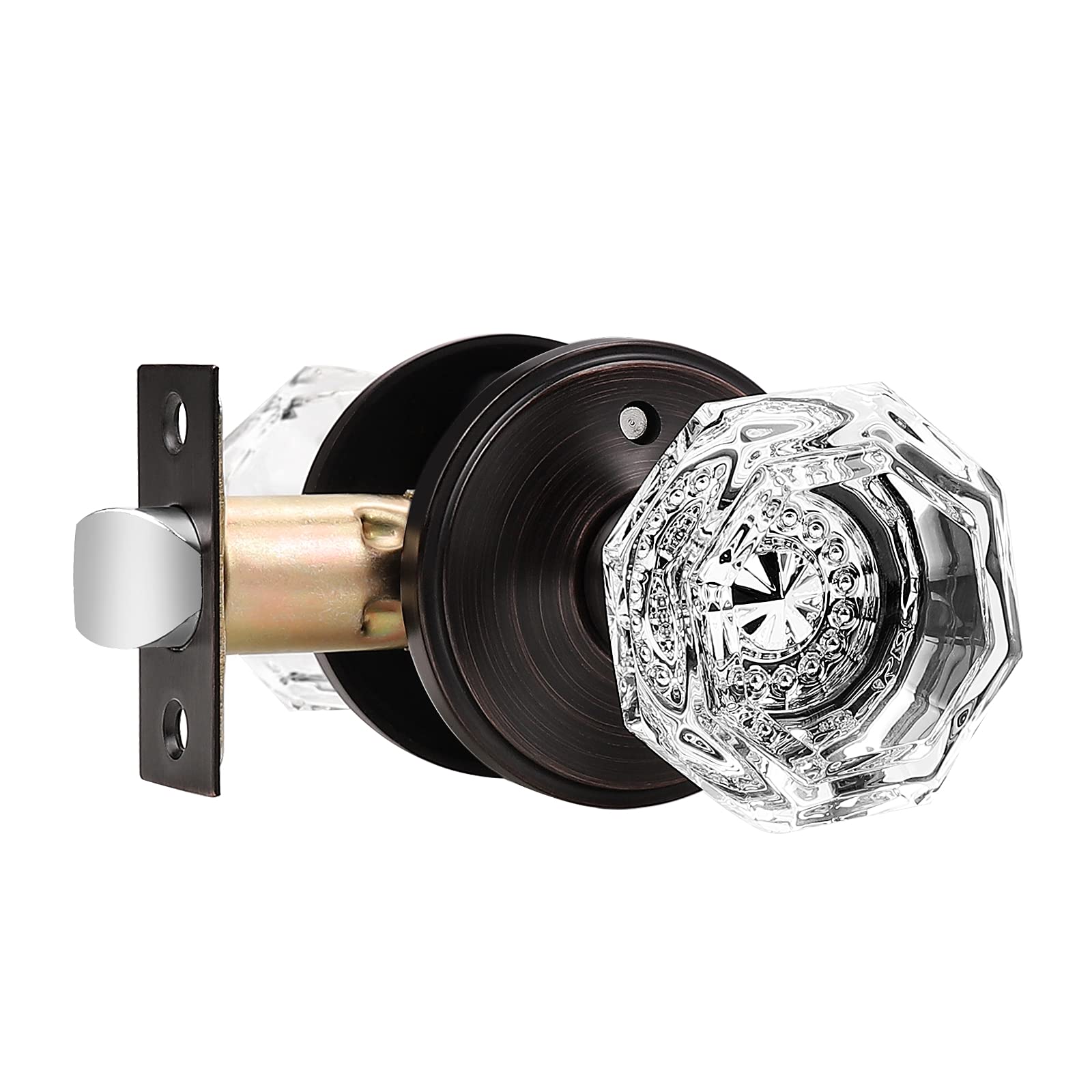 Orger Bed/Bath Door Knob with Pin Lock for Privacy, Octagon Clear Crystal Door Knobs with Oil Rubbed Bronze Round Back Plate, Keyless Interior Glass Door Knob, 1 Pack
