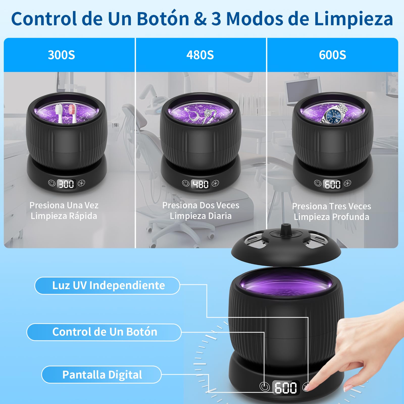 Limpiador Ultrasónico UV de 45 kHz, 25W Ultrasonidos Limpieza de 3 Modos, Profunda 360°, Máquina limpiadora Ultrasónica Portátil de 190ml para, Dentaduras, Alineador, Joyas (negro)
