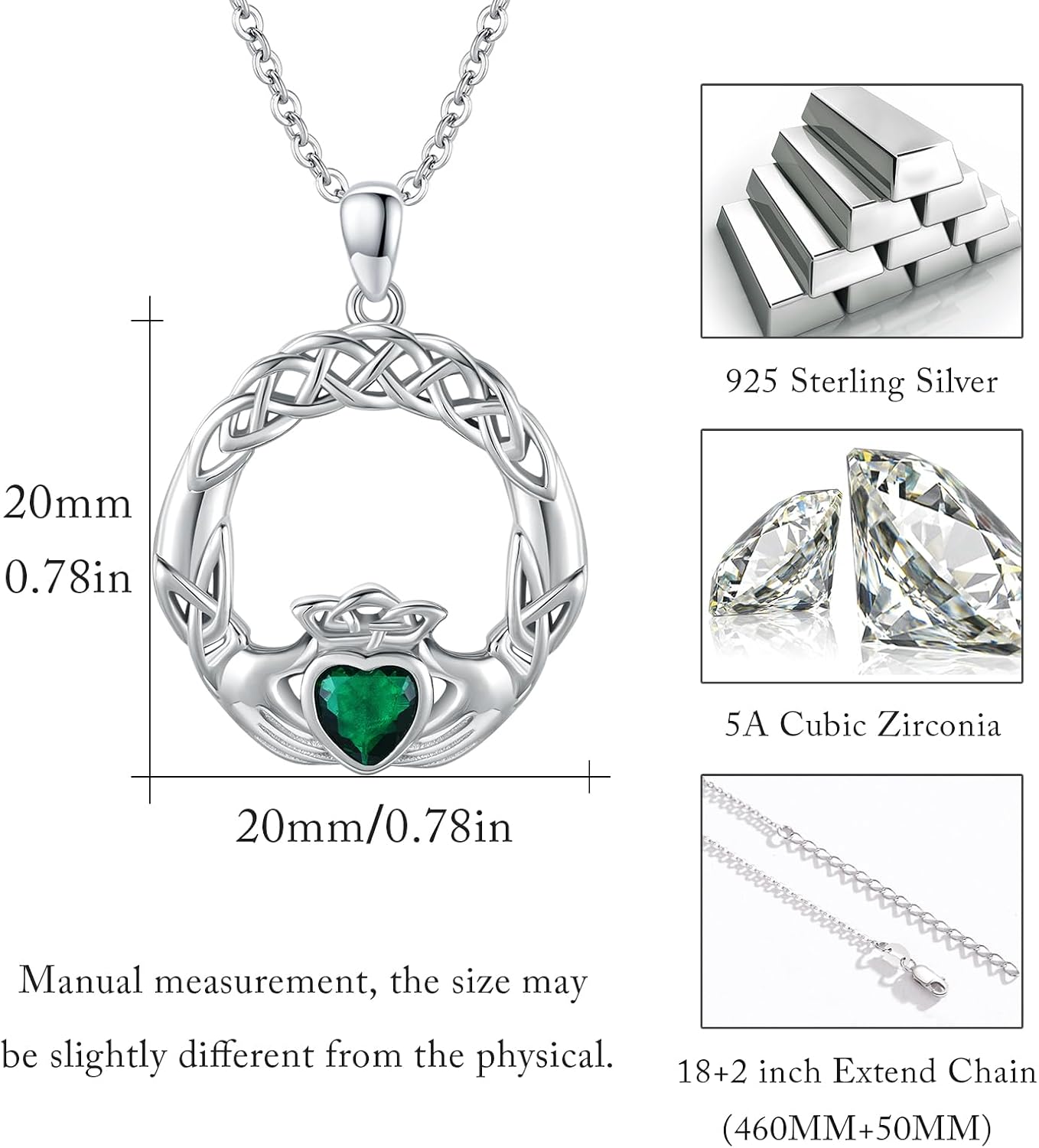 CUOKA MIRACLE Claddagh Necklace for Women 925 Sterling Silver Clada Celtic Knot Necklace Heart Birthstone Pendant Necklace Irish Jewelry Gifts for Women on Birthday Mother's Day - Image 5