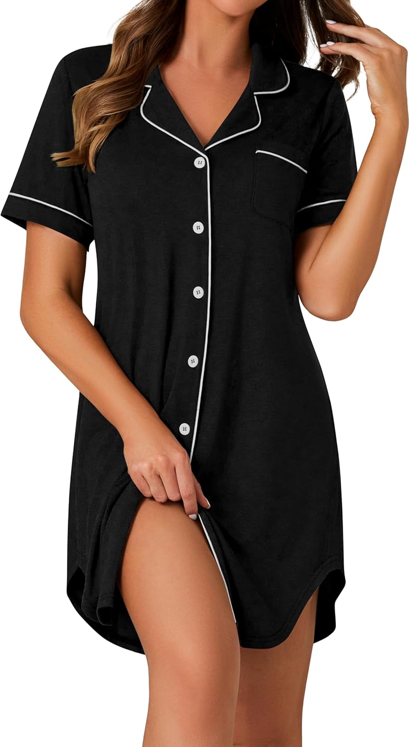 LYANER Women's Striped Nightgown Short Sleeve Sleepshirt Button Down Nightshirt Sleepwear - Image 2
