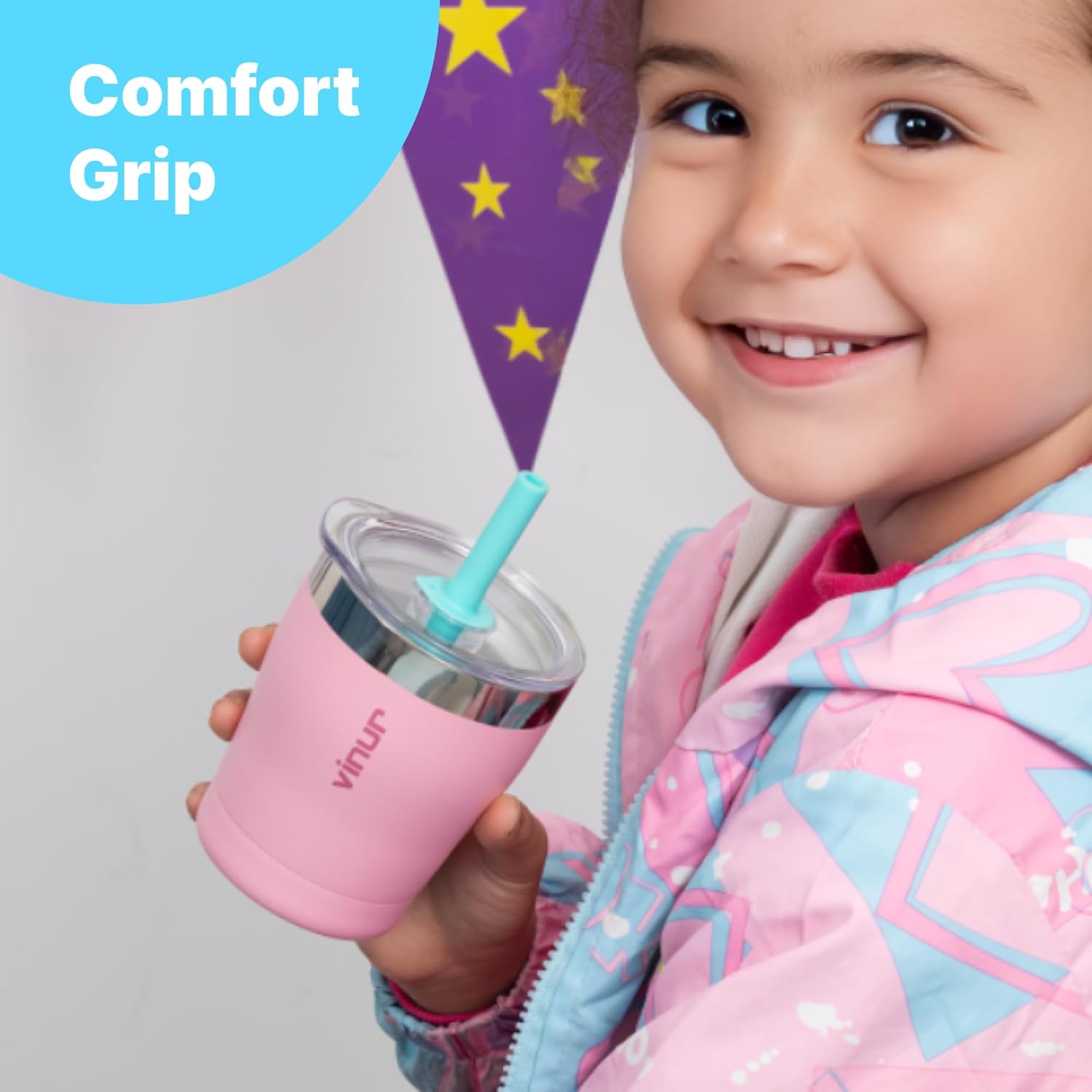 VINUR Kids 9 oz Tumbler with Lid and Straw|18/8 Stainless Steel Insulated Drinking Cup with Silicone Base|Spill Resistant|Gift for Girls and Boys, Sky Blue - Image 7