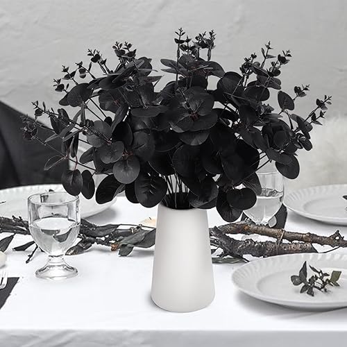 RECUTMS 8 tallos de eucalipto negro de 14 pulgadas con jarrón de cerámica para Halloween, hojas de eucalipto negras, ramo de ramas para mesa de