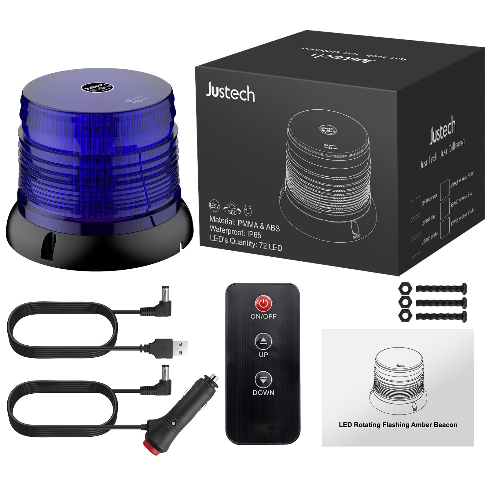 Justech Lumière Rotative 72LED Approuvée Stroboscopique E57, Lumière d’avertissement Sans Fil Bleue avec Télécommande, étanche IP65, 6 Modes de Vol pour Camion 12V / 24V, Remorque, Tracteur