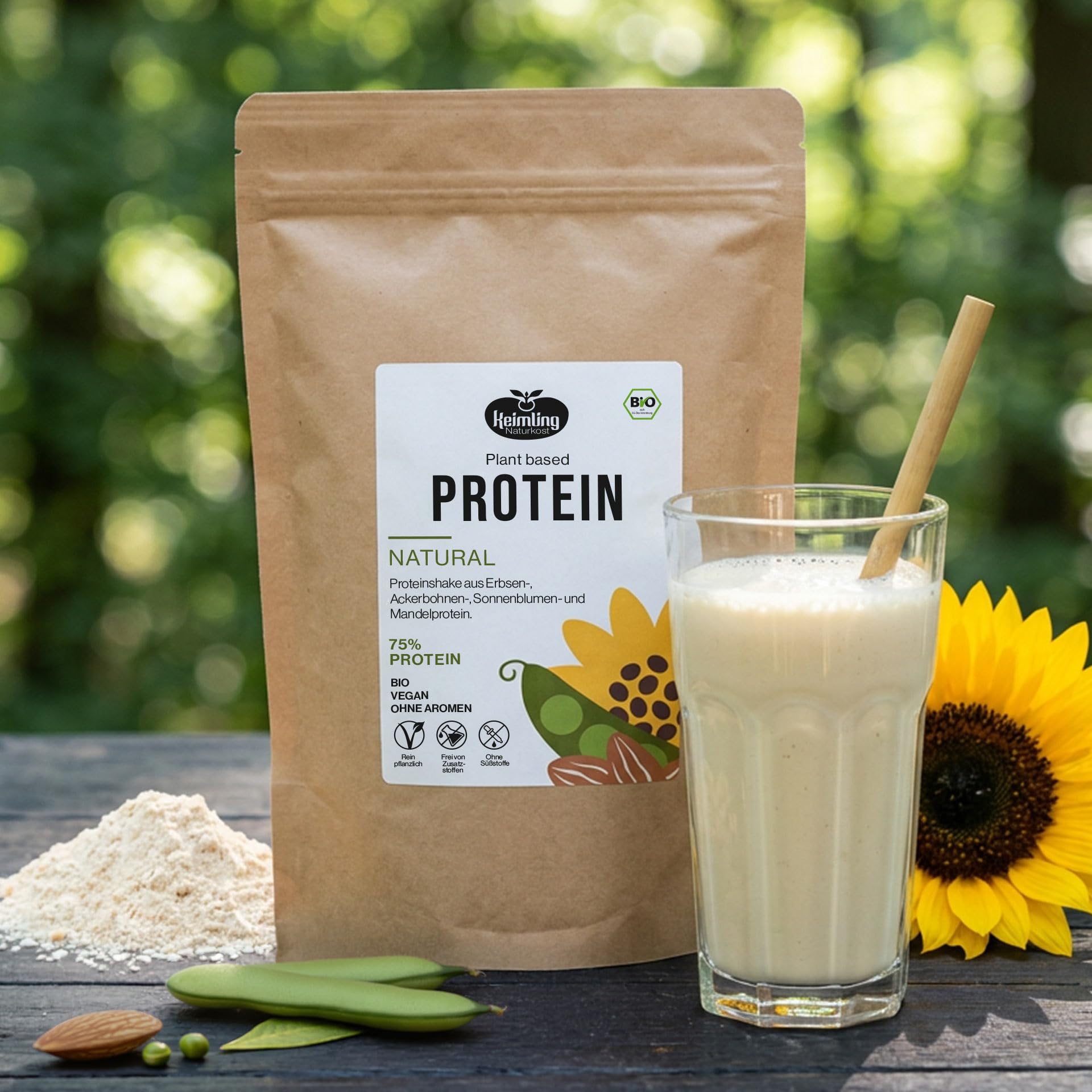Keimling Bio Proteinpulver Natural 1000 g – 100% natürliches veganes Proteinpulver mit 75% Protein – Erbsen-, Ackerbohnen-, Sonnenblumen- & Mandelprotein – ohne Zuckerzusatz & künstliche Aromen