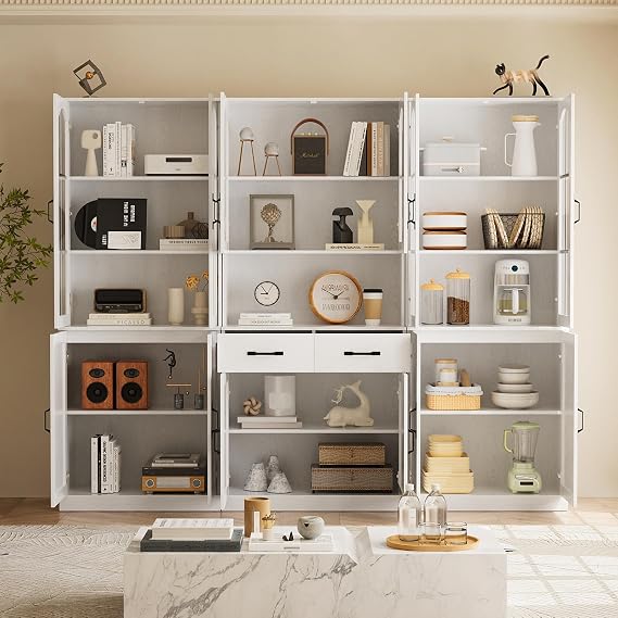 TUSY 71 Tall Bookcase with Glass Door, 6-Tier Modern Bookshelf with Drawer, 23.6 Wide Storage Cabinet with Countertop, Freestanding Display Cabinet for Living Room, Home Office (DCD)