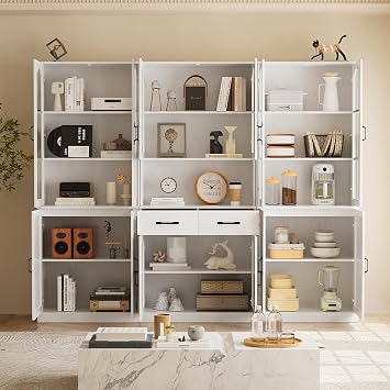TUSY 71 Tall Bookcase with Glass Door, 6-Tier Modern Bookshelf with Drawer, 23.6 Wide Storage Cabinet with Countertop, Freestanding Display Cabinet for Living Room, Home Office (DCD)