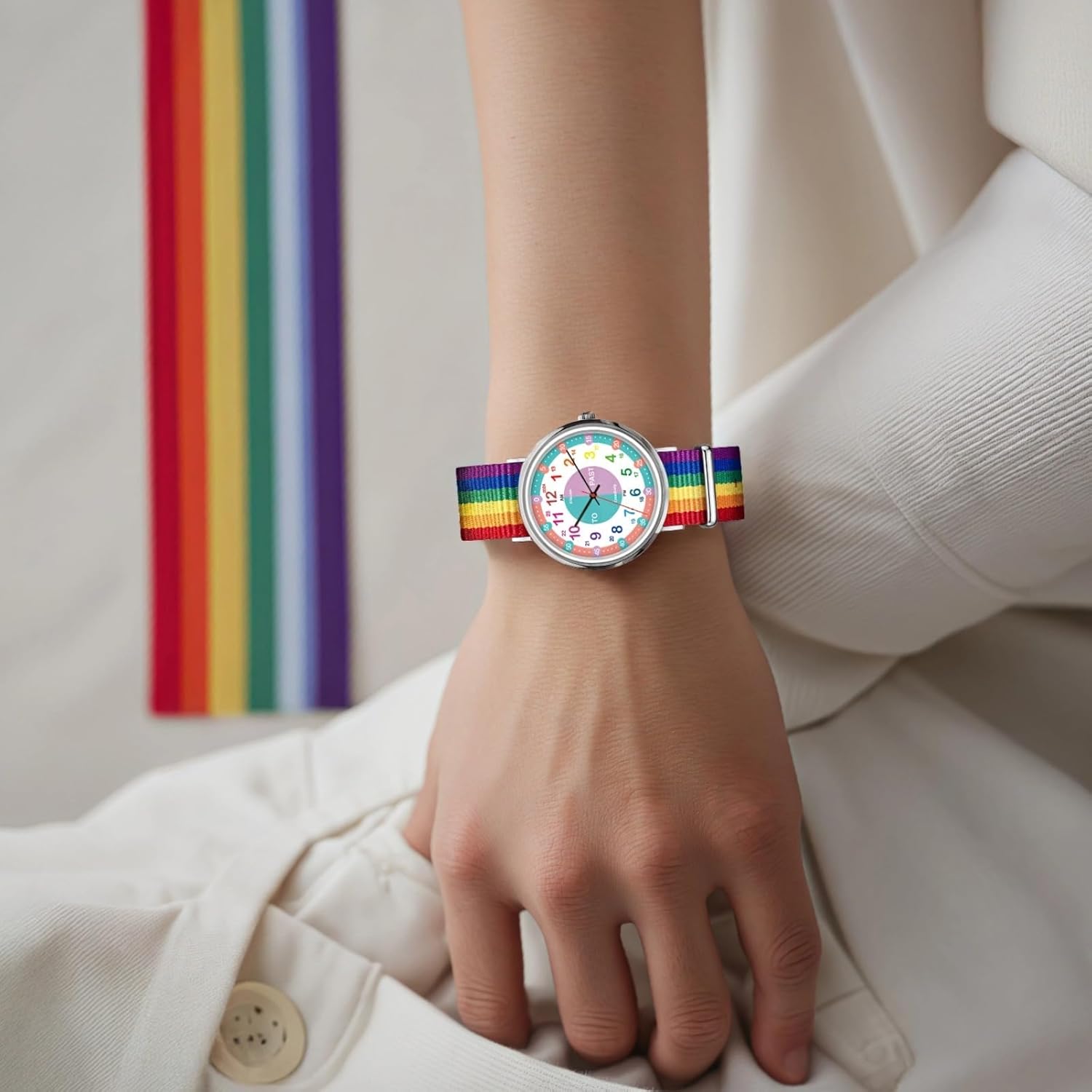 Rainbow Strap On Wrist Watch, Color-Coded Hour Numbers For Easy Reading Time