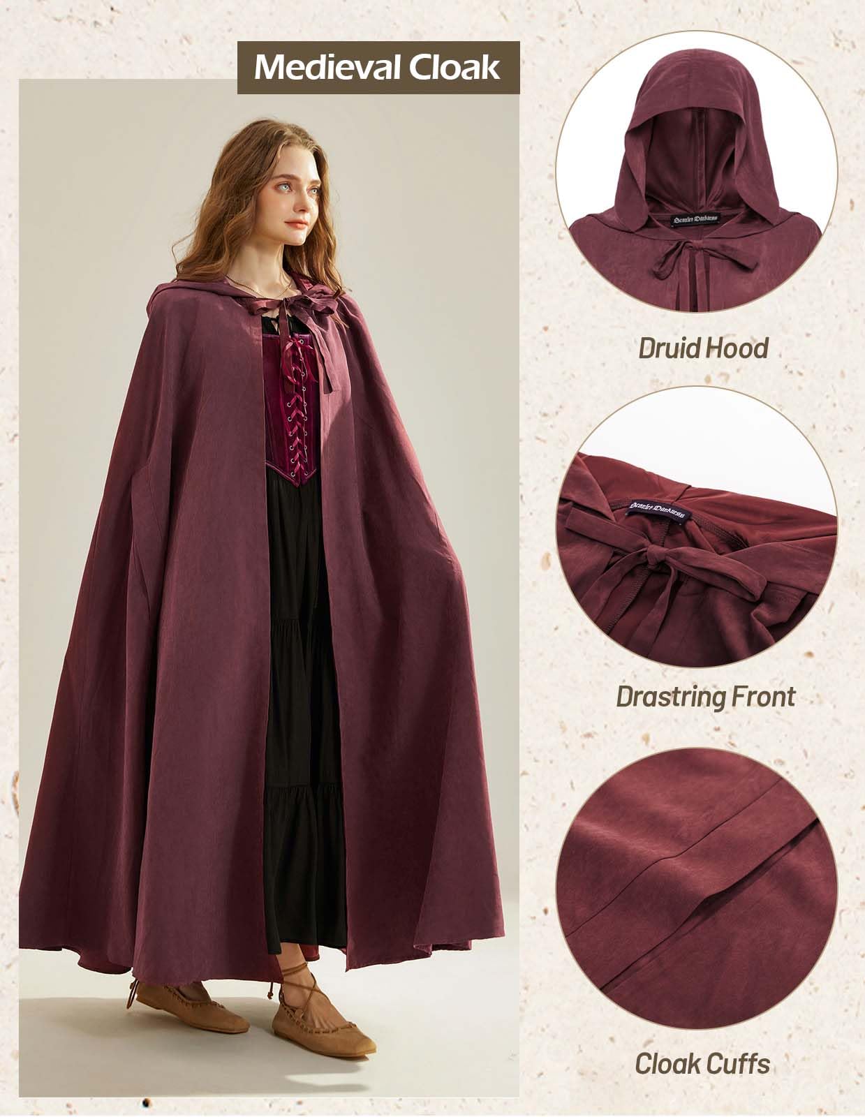SCARLET DARKNESS Renaissance Hooded Cape Cloak Halloween Costume Wine - Image 2