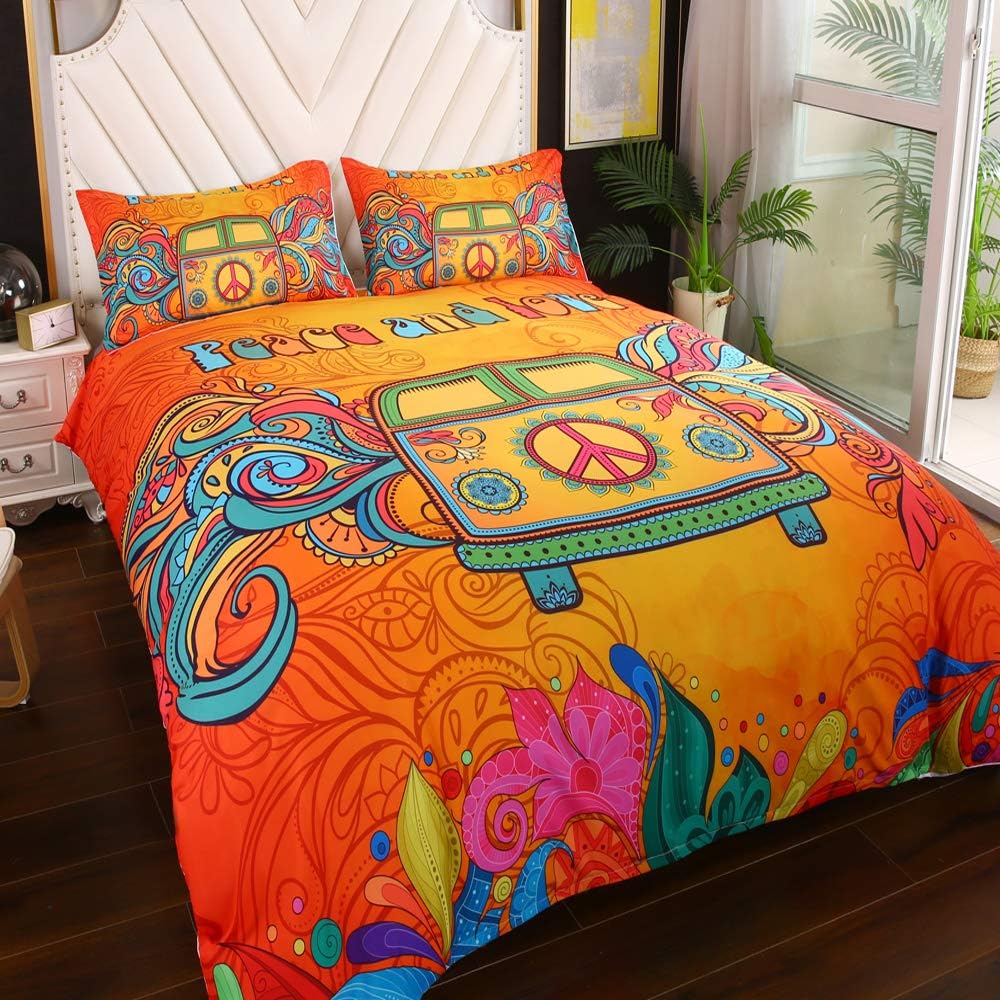 Tор Brаndѕ Suncloris,Hippie Psychedelic Camper Van Peace Sign,Bedding Boys Girls Watercolor Colorful Art Duvet Cover Set,Included:1 * Duvet Cover,2 * Pillowcase(no Comforter Inside) (Queen)