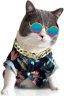 3PCS Cool Cat Dog Costume Fashion Metal Pet Dog Collar CatÂ Sunglasses with Pineapple Print Dog Shirt for Cats and Small Dogs Adjustable Gold Dog Puppy Chain Collar Set Best Pet Photo Props