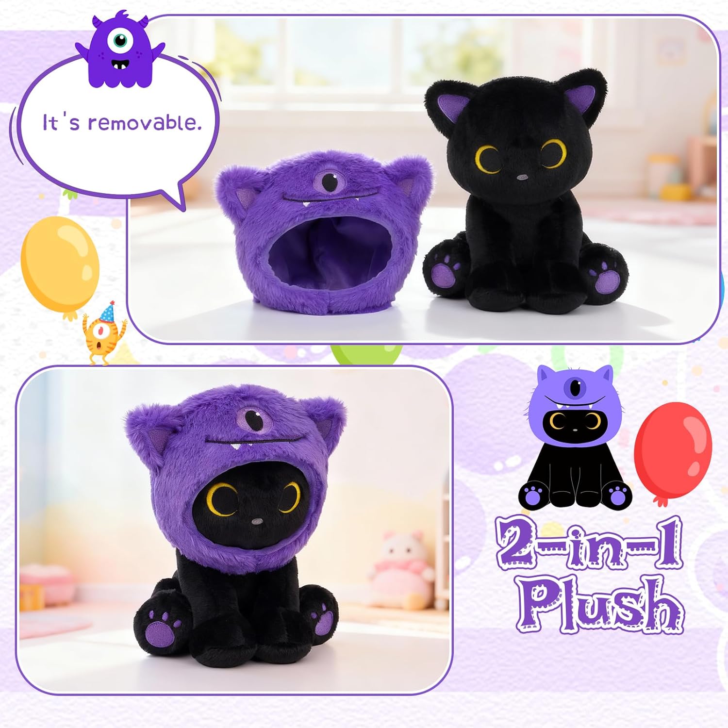 Black Cat Plush Toy, 8inch Cute Stuffed Cat with Purple One-Eyed Monster Removable Hood, Soft Toy Monster Kitten Plushie Kawaii Christmas Brithday Gifts for Girls Boys