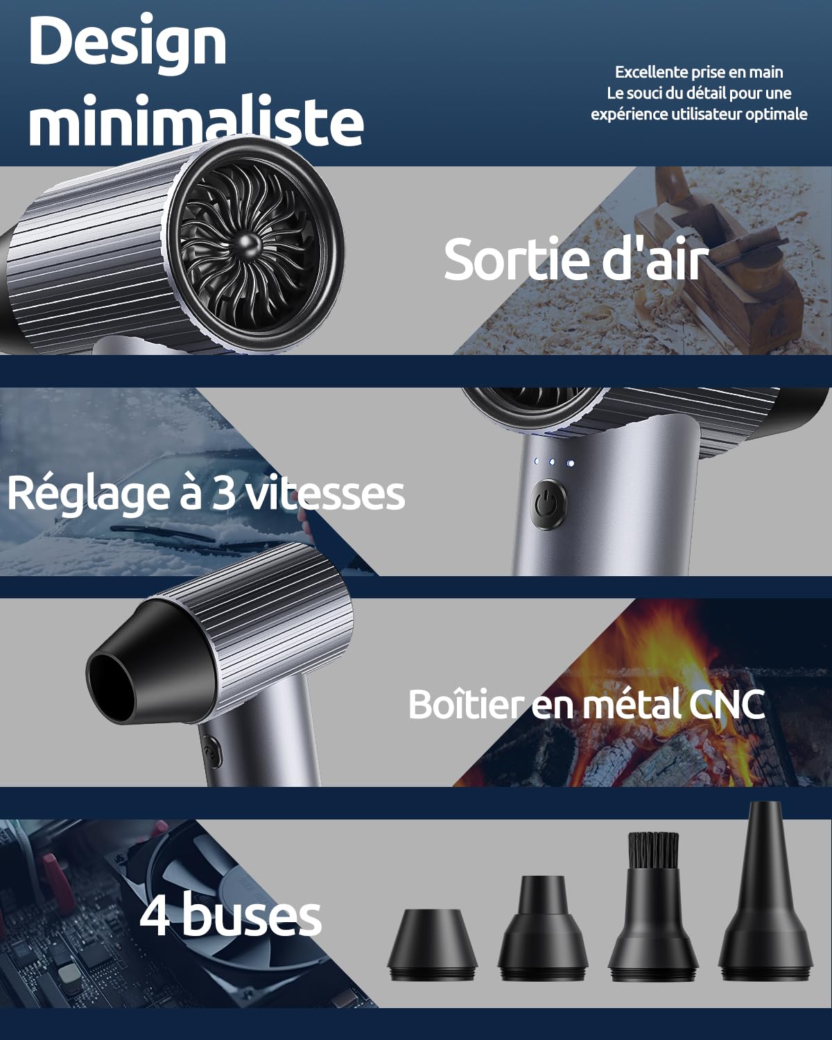 Souffleur Air Comprimé en Métal, 300000 TR/Min de Pulvérisation d’Air Comprimé avec 3 Vitesses réglables, air comprimé Nettoyage pc, souffleur Batterie pour Voiture, Maison et extérieur - Compact