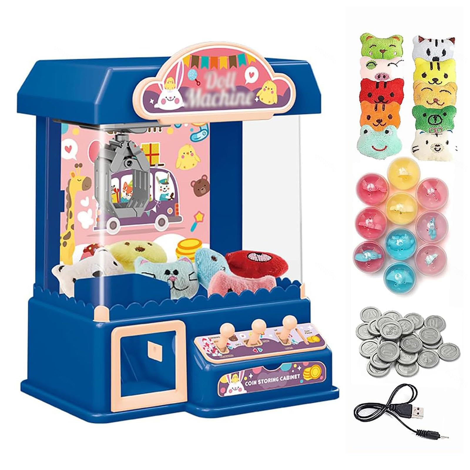Greifarm Automat, Süßigkeiten Spender Automat mit Licht und Musik,20 Puppen,20 Spielmünzen,10 Gashapons, Spielautomat Lustiges Geschenk für Party-Weihnachten,Blue