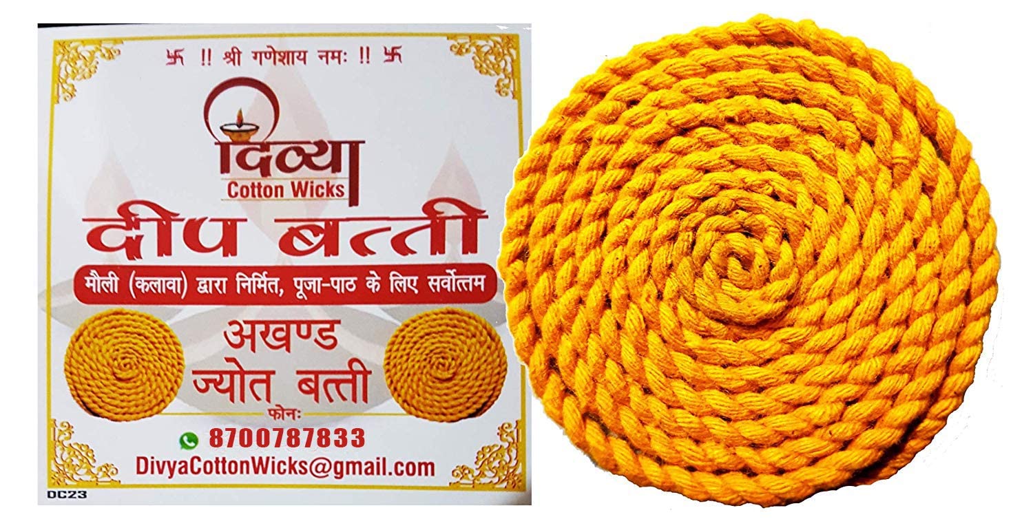 Divya Cotton Wicks™ || Akhand Jyot Batti || Pure Cotton Kalava Wicks || Mauli Batti for Puja || Long Akhand Jyot Batti || Lambi Batti for Diya || Pack of 12 || Size: 41 Inch Long || Colour: Yellow