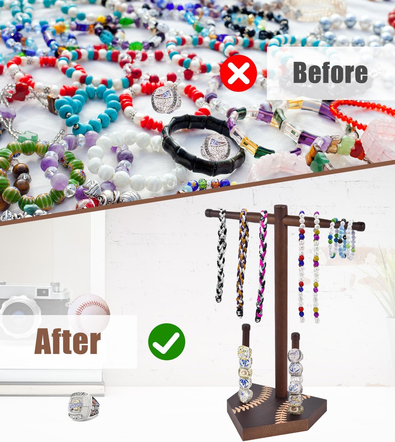 [NEW UPDATE] Wooden Jewelry Towers Baseball or Softball Drip Necklace Organizer Holder, Championship Ring Display Holder, Baseball or Softball Ring Display Holder Display Gift - Image 3