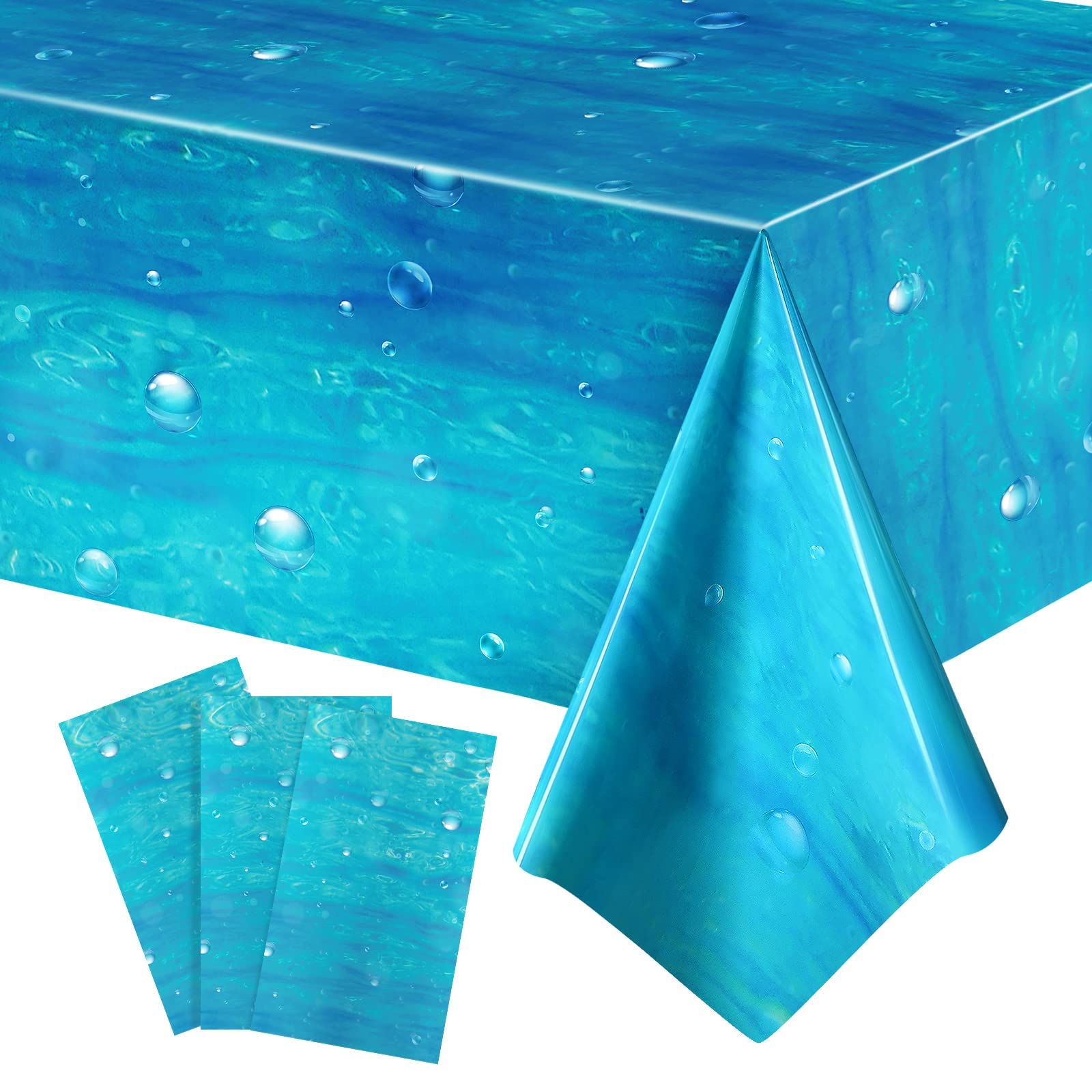 Table Cover, 3 Pcs Ocean Waves Underwater Bubbles Plastic Tablecloth 54" x 108" Ocean Party Table Cover Under The Sea Table Cloth Blue for Beach Pool Birthday Party Decoration Shower Supplies