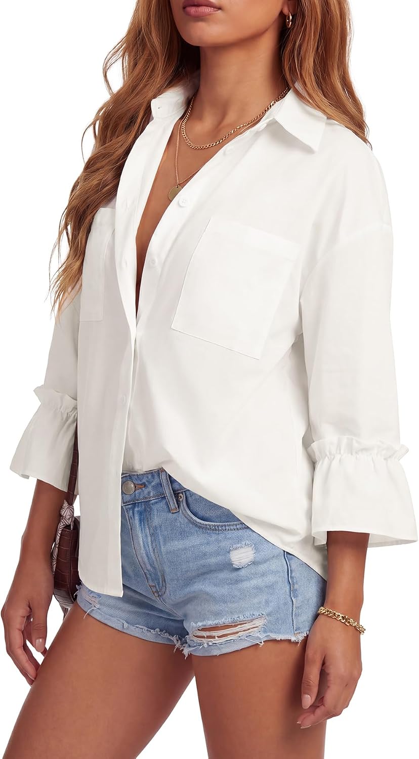 Rooscier Women's 3/4 Sleeve Button Down Collared Loose Dressy Casual Blouse Shirts with Pockets