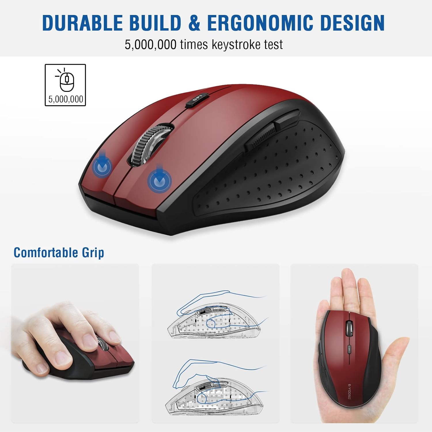 E-YOOSO Wireless Mouse for Laptop, Computer USB Mouse 18 Months Battery Life, 5 Level 4800 DPI, 6 Button for Mac, Chromebook, PC, Windows - 2 Pack (Gray+Red)