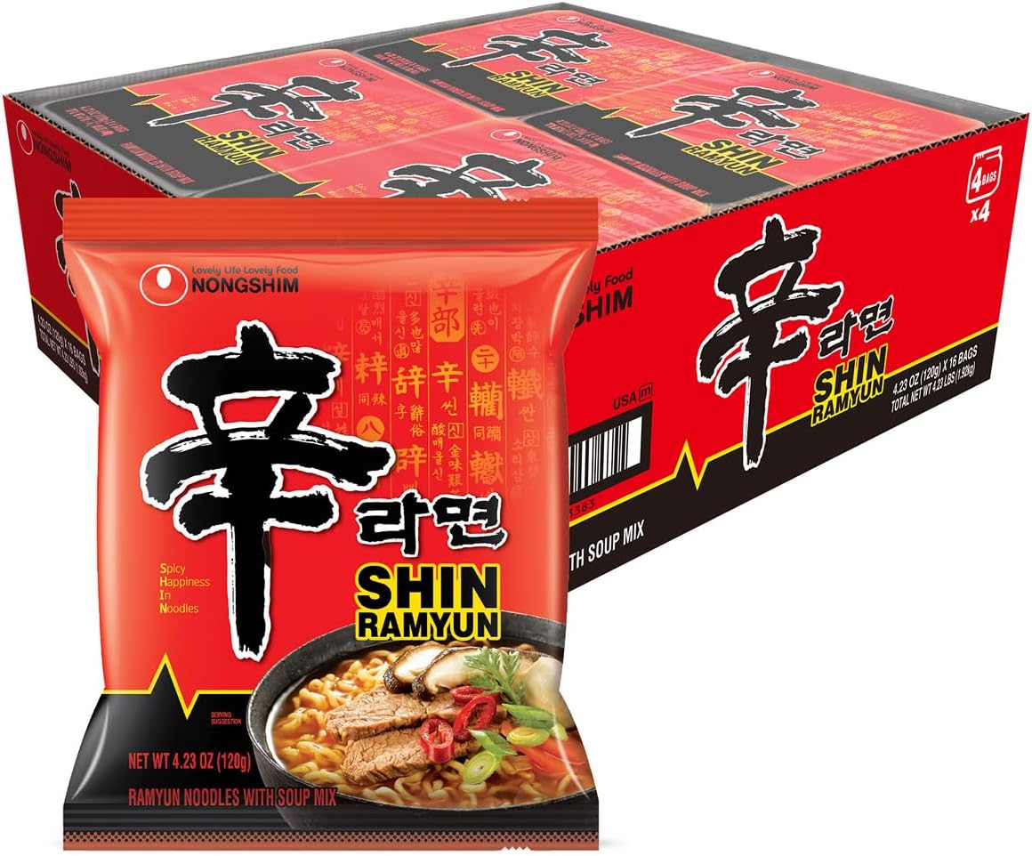 Ramen Noodles, Gourmet Instant Ramen, Premium Microwavable Noodle Soup, Spicy Shin, Family Pack, 4.23 Ounce (Pack of 16)
