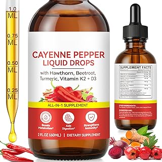 Cayenne Pepper Drops, Cayenne Health Supplements for Hawthorn Beet Root Turmeric Curcumin，Vitamin K2 & D3, Vegan-Friendly, Gentle Formula