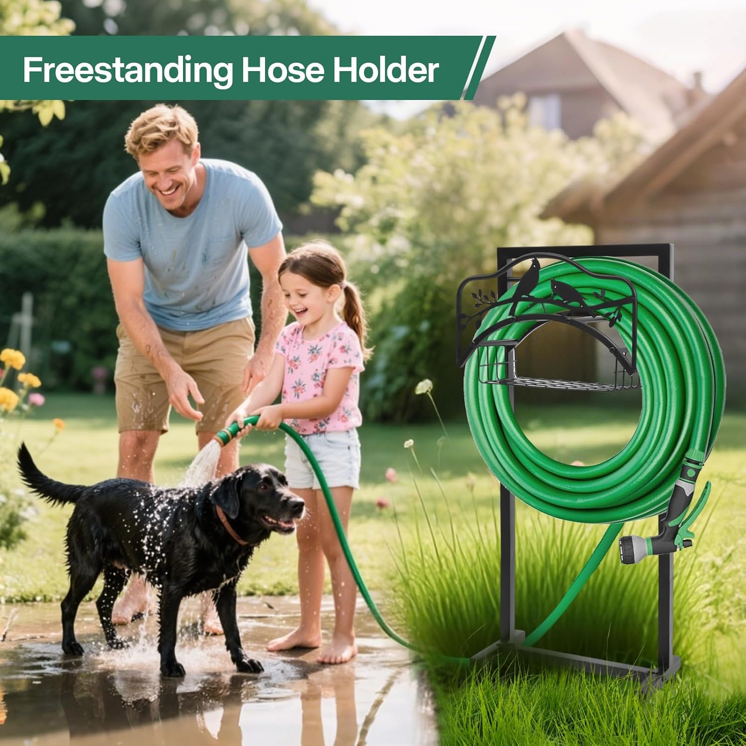 Garden Hose Holder With 4 Spikes, Freestanding Metal Hose Reel for Outside Garden, Detachable Water Hose Hanger Organizer for Yard Lawn