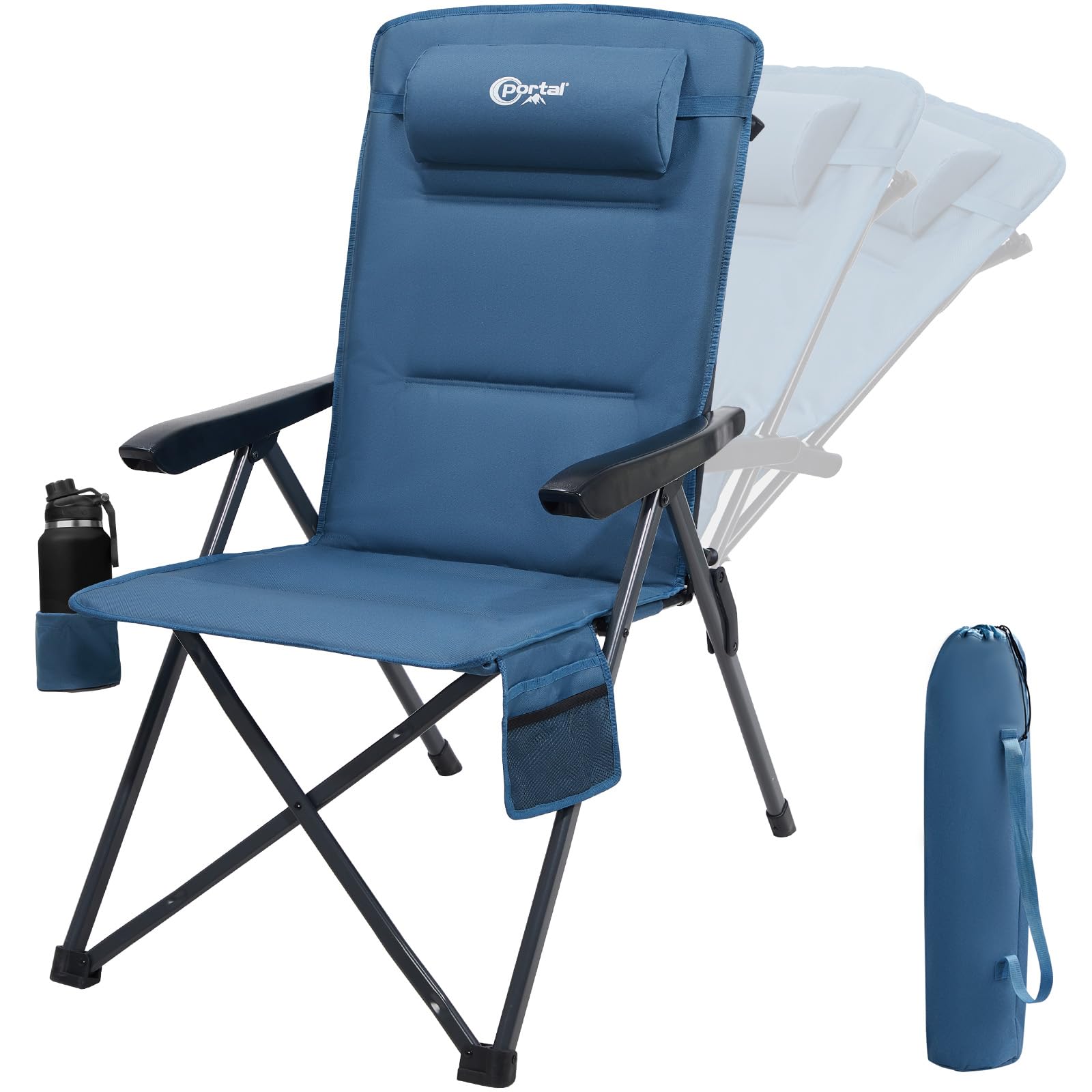 Portal Silla de camping plegable con respaldo ajustable en 3 posiciones, 160 kg, respaldo alto, silla de camping, silla de pesca, silla de jardín, silla de aluminio para jardín, balcón, picnic