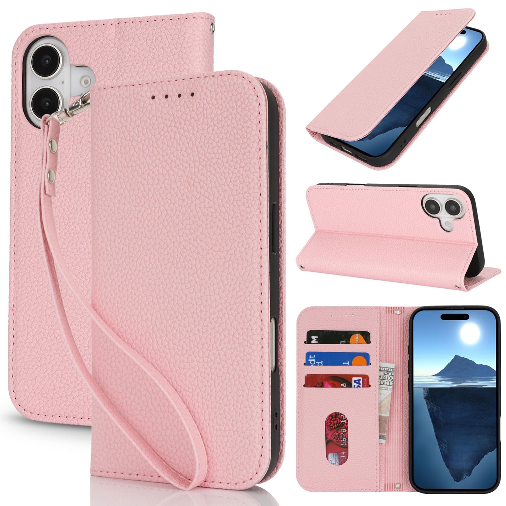 Jaorty for iPhone 16 5G Phone Case Wallet with Wrist Strap,Wallet Case for iPhone 16 with Card Holder for Men Women,Kickstand Cash Pocket PU Leather