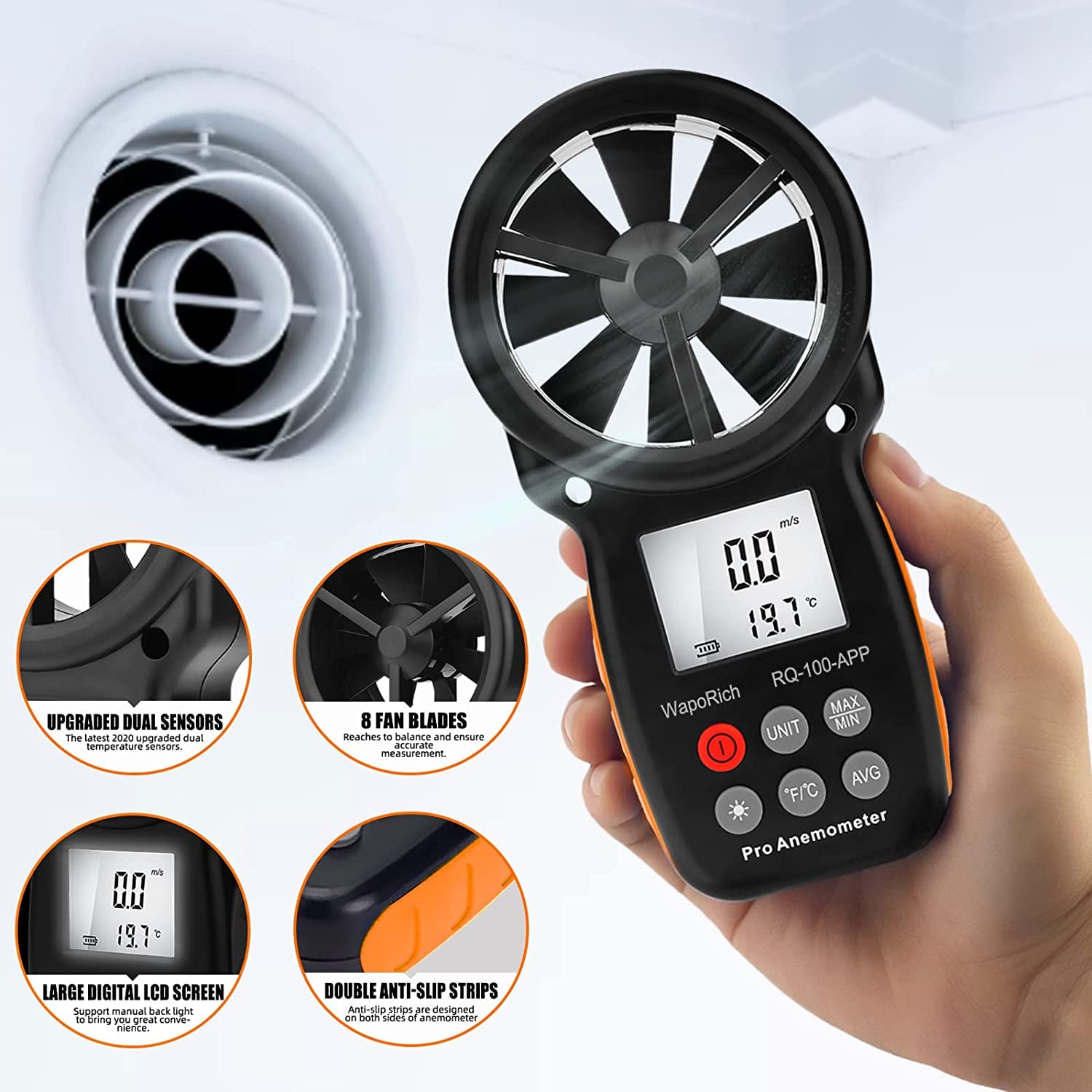 Anémomètre Bluetooth Portable, WapoRich RQ-100APP Anemometer Numérique avec Application MAX/MIN/AVG pour Frisson du Vent, Vitesse de l'Air, Température pour Tir, Surf et Activités Extérieures