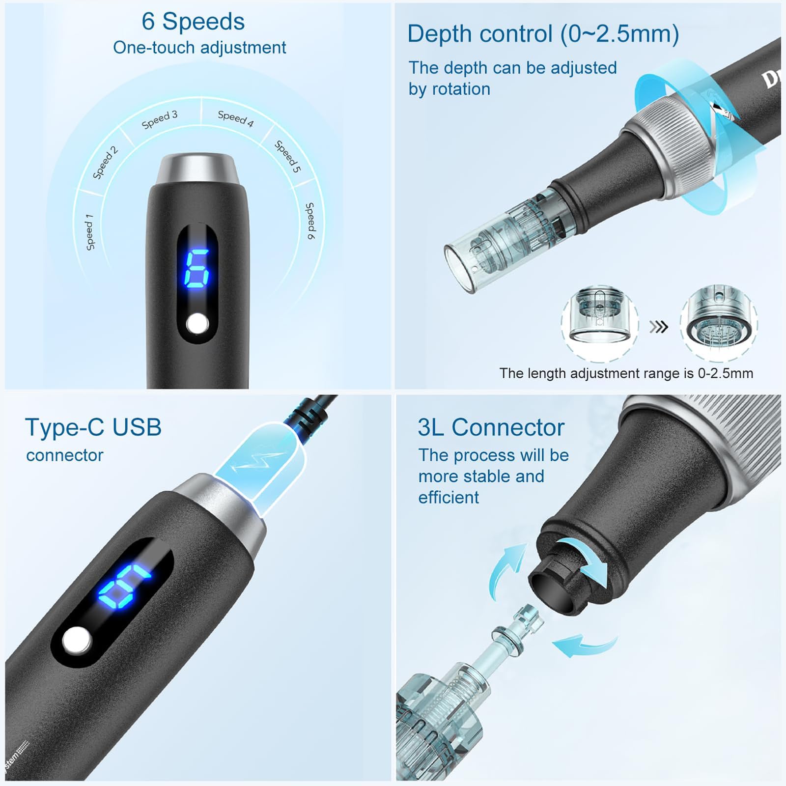 Dr. Pen Microneedling Pen – M7S Wireless & Wired Operation | Adjustable 0–2.5mm Needle Depth | 6 Speed Levels (Up to 16,000 RPM) | Includes 16-Pin, 36-Pin, 42-Pin, and Nano Cartridges | Professional Skincare Tool for Face, Body & Hair — view 5