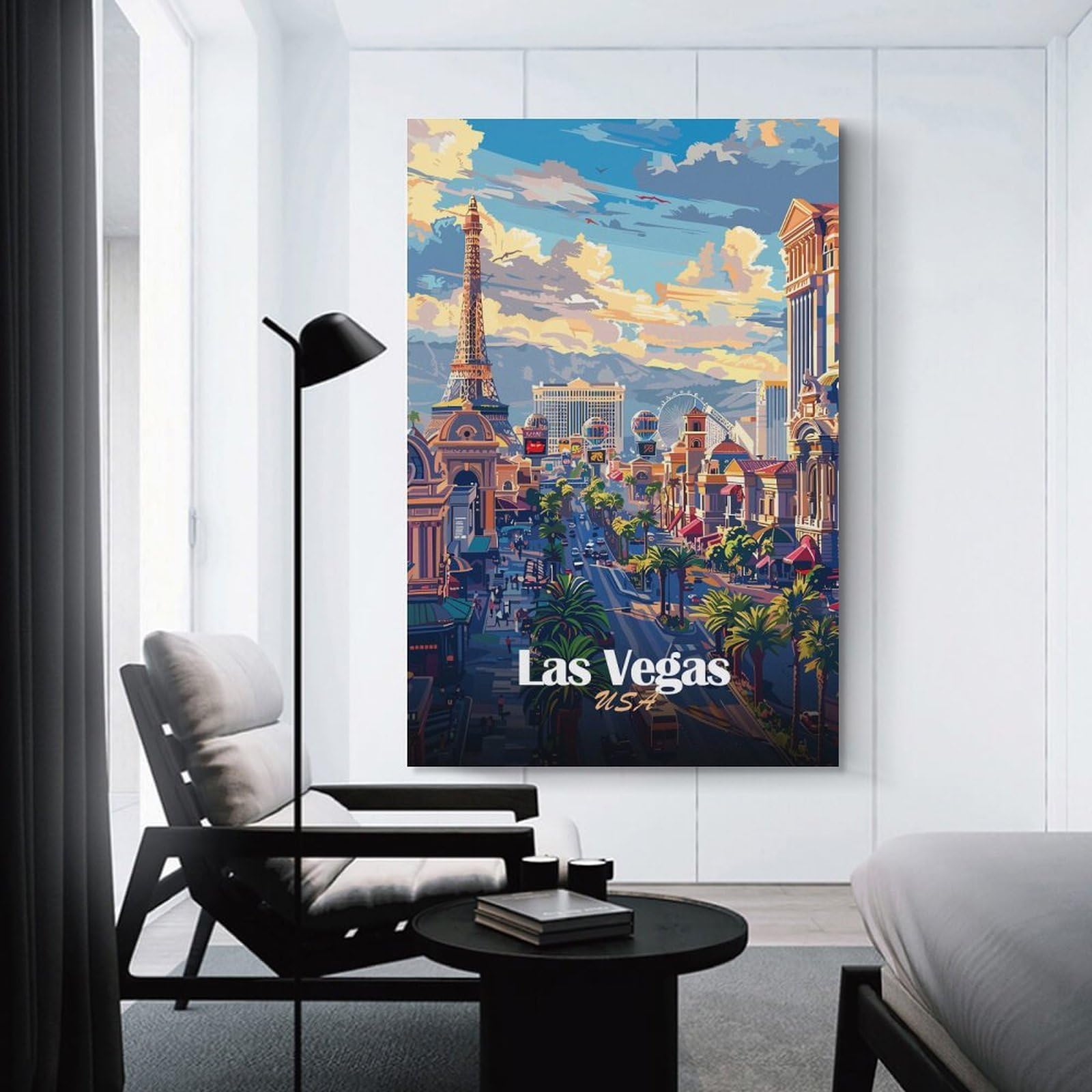 Junmoney Las Vegas Cityscape Illustration Canvas Art Print, 12x18inch(30x45cm), for Wall Displays, Bedrooms Or Room Updates, Home Wall Art for Statement Displays