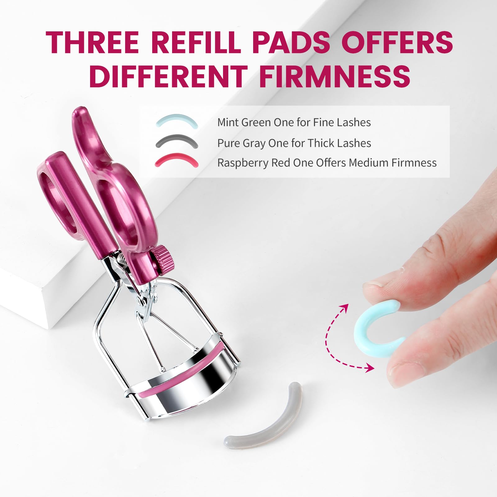 Wimpernzange mit 3 Nachfüllpads mit 3 verschiedenen Festigkeiten, verbesserter Materialgriff, präzise Kontrolle, professionelle Wimpernzange verfügt über ein integriertes Schloss für einfache Lagerung