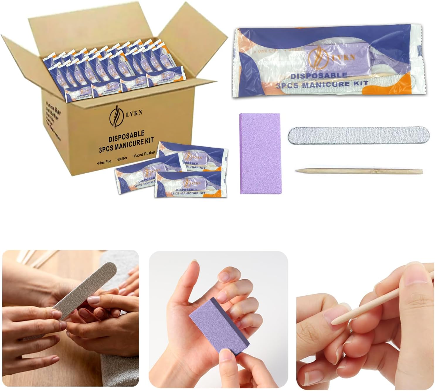 Disposable Manicure Kit 3 in 1 (Nail Buffer 100/180 Grit, Nail File 100/180 Grit, Wood Stick): Professional Nail Care Essentials in a Single-Use (400 Couonts)