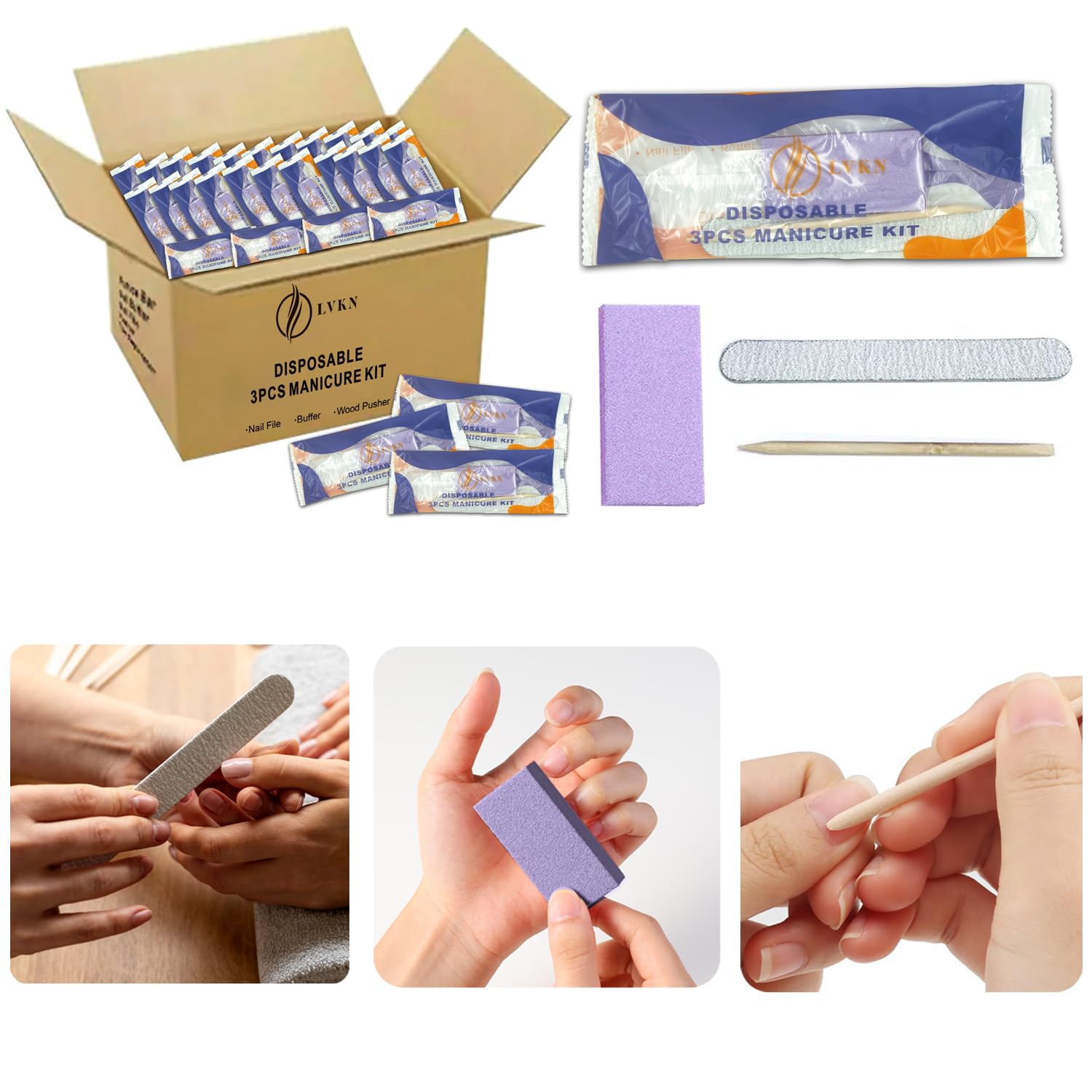 Disposable Manicure Kit 3 in 1 (Nail Buffer 100/180 Grit, Nail File 100/180 Grit, Wood Stick): Professional Nail Care Essentials in a Single-Use (30
